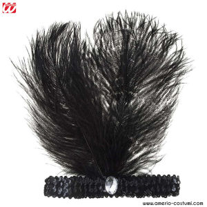 Fascia in paillettes con 2 piume e gemme Nera