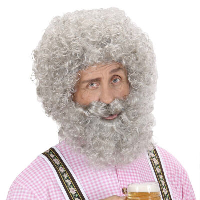 Peruca e Barba Cacheada Cinza