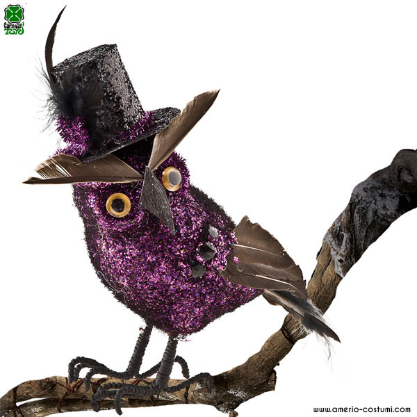 Black Owl with Violet glitter and Hat 15 cm