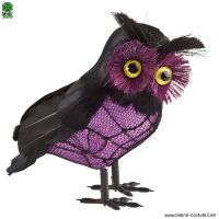 CORUJA PRETA EM PENA COM DECOR. ROXA - 15 cm