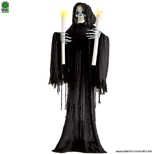 Skeleton on pedestal with black tunic and luminous candles 180 cm