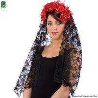 Véu em renda preta com rosas vermelhas