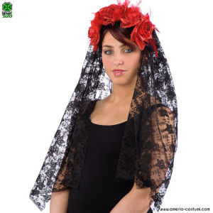 Véu em renda preta com rosas vermelhas