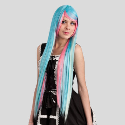 Peruca Natural Look AZUL E ROSA LISA COMPRÍDISSIMA COM FRANJA
