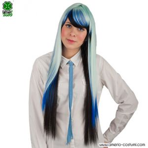 Natürlich aussehende Perücke in Schwarz, Blau und Aquagrün, glatt, sehr lang, mit Pony