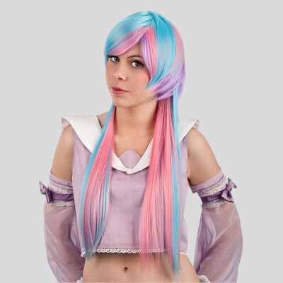 Perücke Naturlook Perücke PINK, BLAU UND LILA SEHR LANG MIT Zöpfen und Pony