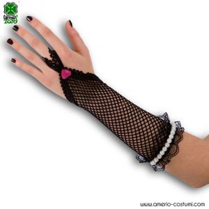 GANTS TONGS EN MAILLE NOIRE PERLES - 25 cm