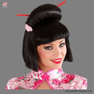 Geisha Perücke mit Blume und Stäbchen