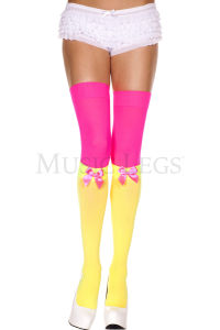 Opaque Thigh Hi Two Color With satin bow Green Fuxia