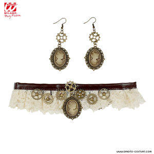 GARGANTILHA DE RENDA E BRINCOS CAMEO STEAMPUNK