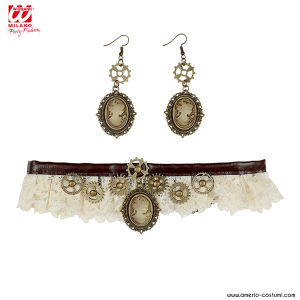 Lace choker with Steampunk cameo earrings
