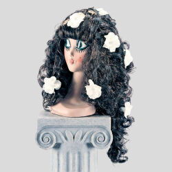 Black/Green Wig with White Flowers