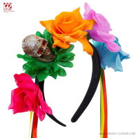 Tiara 5 Rosas coloridas com caveira e fitas