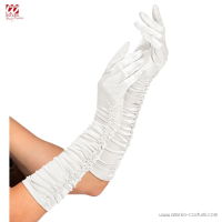 Mănuși albe plisate din satin elastic, 44 cm