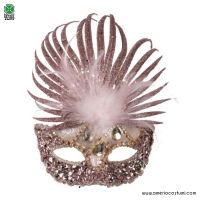 Máscara rosa con lentejuelas de plumas brillantes