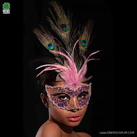 Precious pink mask with glitter and peacock feathers