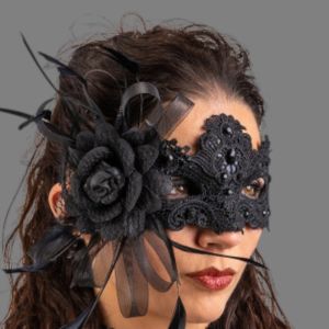 Black lace mask with rhinestones, flower and tulle  