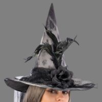 Cappello Strega fiori piume velo 40 cm