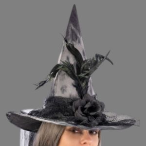 Cappello Strega fiori piume velo 40 cm